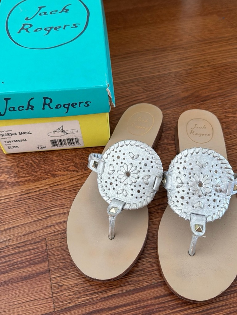 Jack Rogers Silver Georgica Sandal Box with Teal Lid